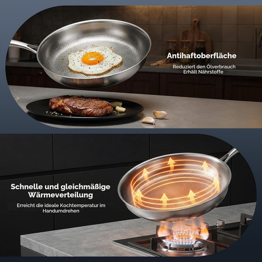 Titan Bratpfanne 26 cm mit Deckel–Unbeschichtete Pfanne aus 99,7% reinem Titan &amp; 316L Edelstahl, ohn