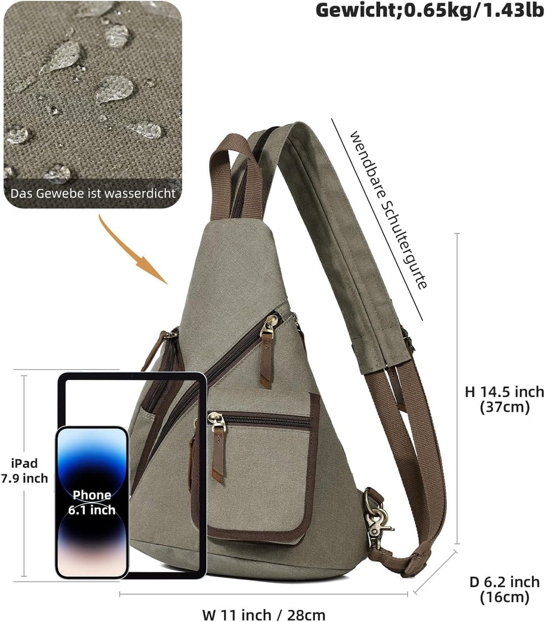 KL928 Canvas Sling Bag Herren und Damen, Crossbody Brusttasche Schulterrucksack Schultertasche Rucks