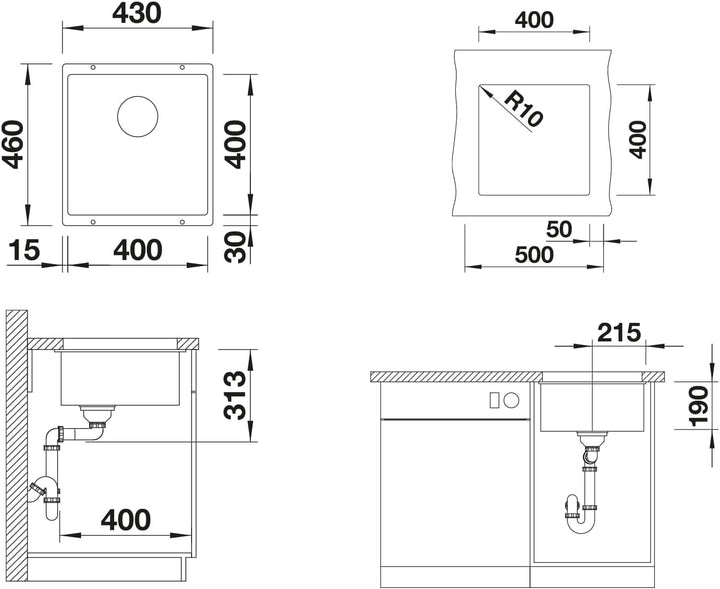 BLANCO SUBLINE 400-U | SILGRANIT anthrazit | Einbauart: Unterbau | ohne Ablauffernbedienung | 50er U