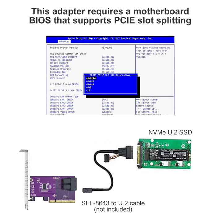 10Gtek® PCIe 3.0 X8 zu SFF-8643 Adapter für U.2 SSD, X8, (2) SFF-8643, mit Low-Profile Bracket, Supp