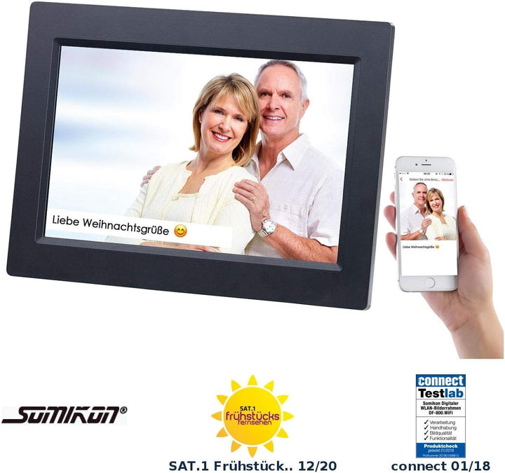 Somikon Digitale Bilderrahmen: WLAN-Bilderrahmen mit 25,7-cm-IPS-Touchscreen & weltweitem Bild-Uploa