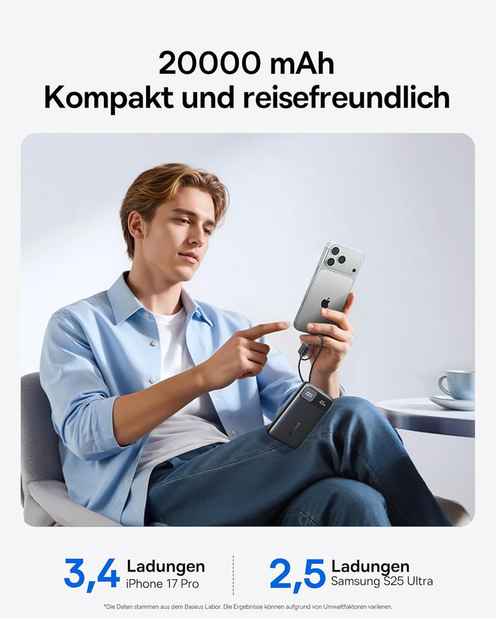 Baseus FC11 Powerbank 45W 20000mAh mit 2 Integriertem USB-C Kabel, Power Bank Klein CCC Zertifizieru