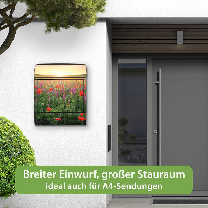 banjado Design Briefkasten 38,5x46,5x13cm & 2 Schlüssel - Briefkasten Stahl Schwarz mit Zeitungsfach