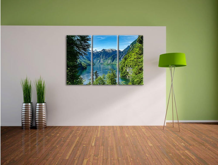 Pixxprint Blick auf den Königssee als Leinwandbild - Grösse: 3-Teilig (120x80cm) - Wandbild - Kunstd