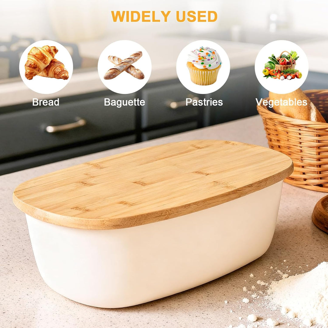 Cozary Brotkasten mit Bambusdeckel, 6L Grosser Brotbox mit Leinen Brotbeute, 37x22.5x14cm, Anti-Ruts
