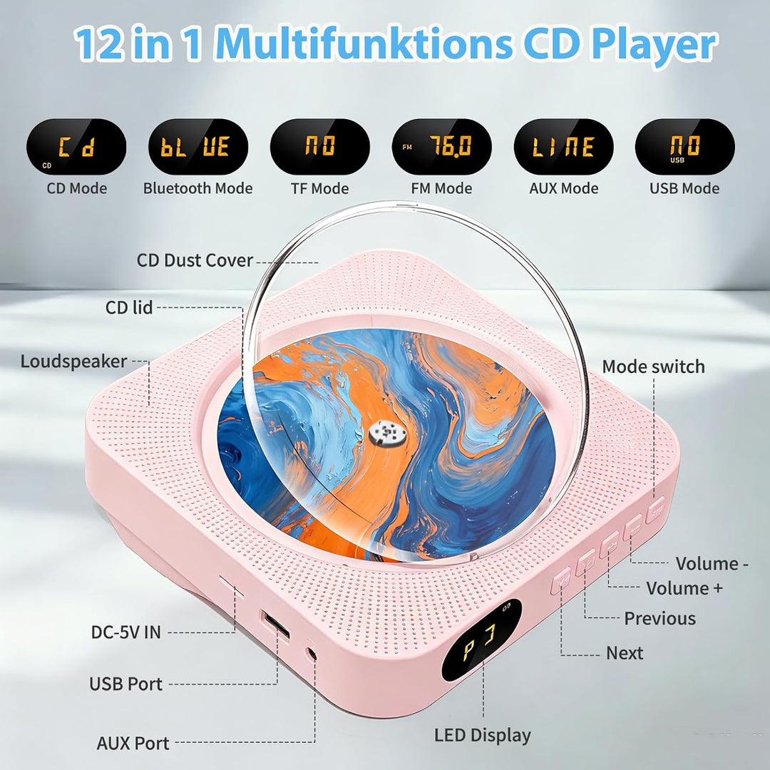 CD Player Tragbar Bluetooth, CD Spieler mit Lautsprecher, Rosa, Rosa