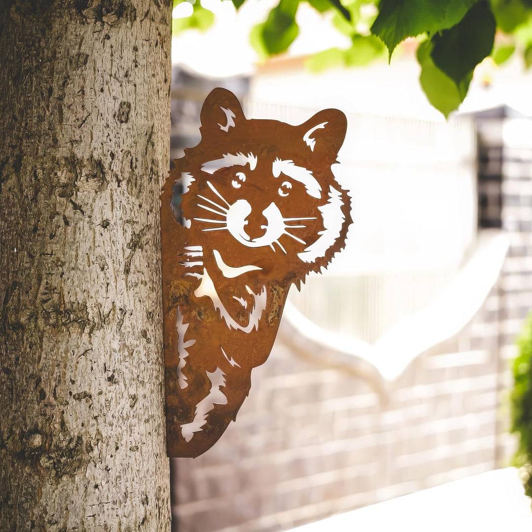 Steelmonks Edelrost Waschbär Baumstecker - Gartendeko für Draussen aus echtem Cortenstahl. Schöne Ga