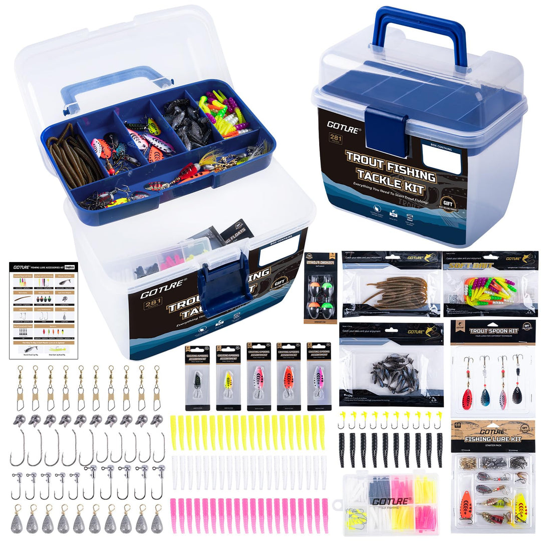 Goture Forellen-Angel-Set – All-in-One tragbare Köderbox Angelköder-Set mit herausnehmbaren Fächern,