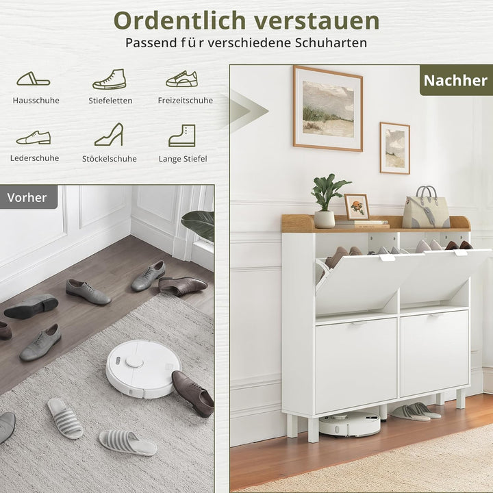 LUE BONA Schuhschrank schmal, Schuhschrank mit 4 Flip-Klappen, Schuhkipper mit Holzfüssen, Schuhrega