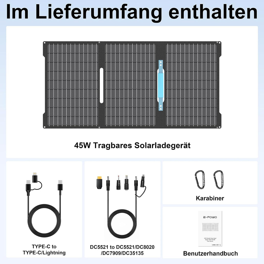 45W Tragbares Solarpanel Ladegerät mit USB-C PD 3.0 & USB-A QC 3.0, IP67 Wasserdicht für Powerbank,