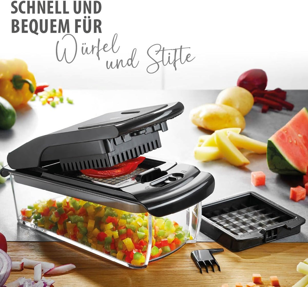 GEFU Würfel- und Stifteschneider mit Behälter | 3 Einsätze für Würfel, Stifte & Scheiben | Edelstahl