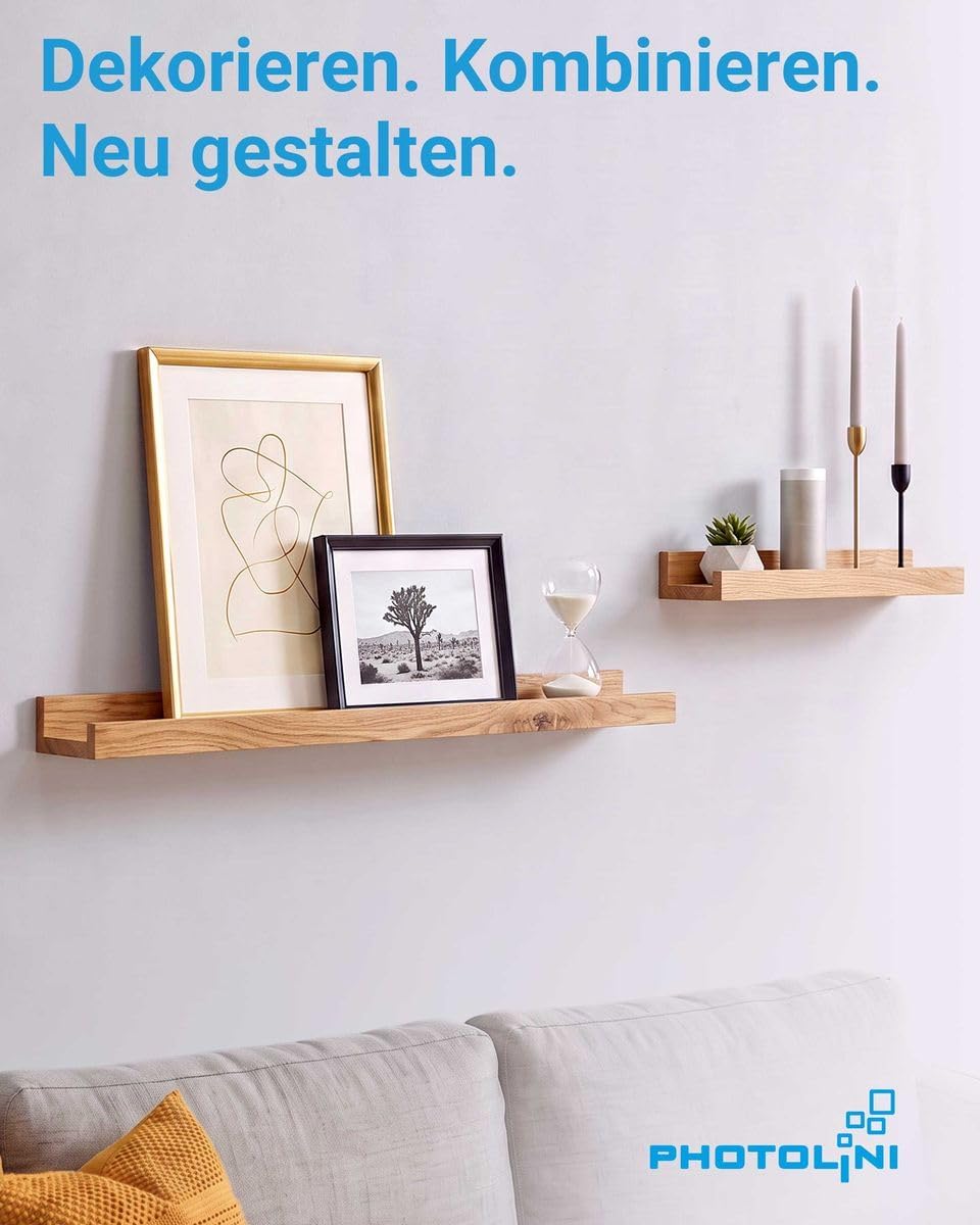 PHOTOLINI Wandregal Eiche Massivholz 70 cm, Schweberegal, 2er Set, modernes Design, Bilderleiste für