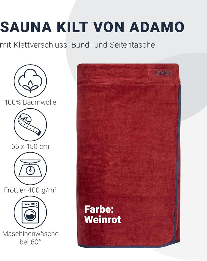 ADAMO XXL-Sauna Kilt dunkelblau für Herren in Übergrössen mit Klettverschluss 65 x 210 cm Weinrot, 6