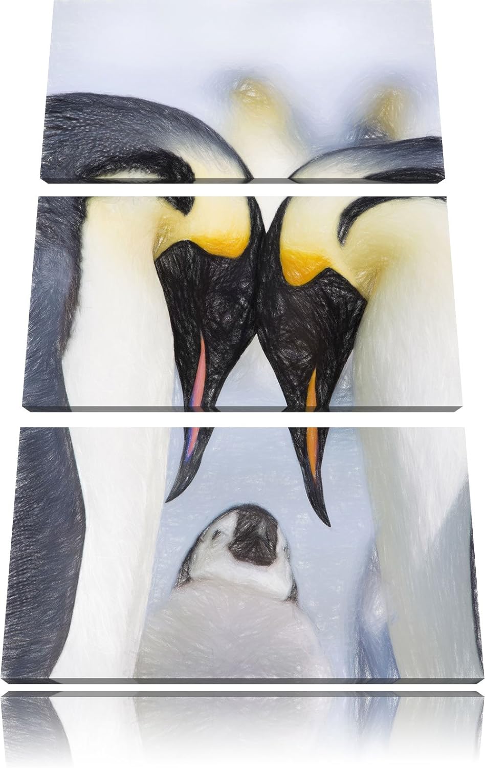 Pixxprint Kaiserpiguinpärchen Liebe Kunst Buntstift Effekt 3-Teiler Leinwandbild 120x80 Bild auf Lei
