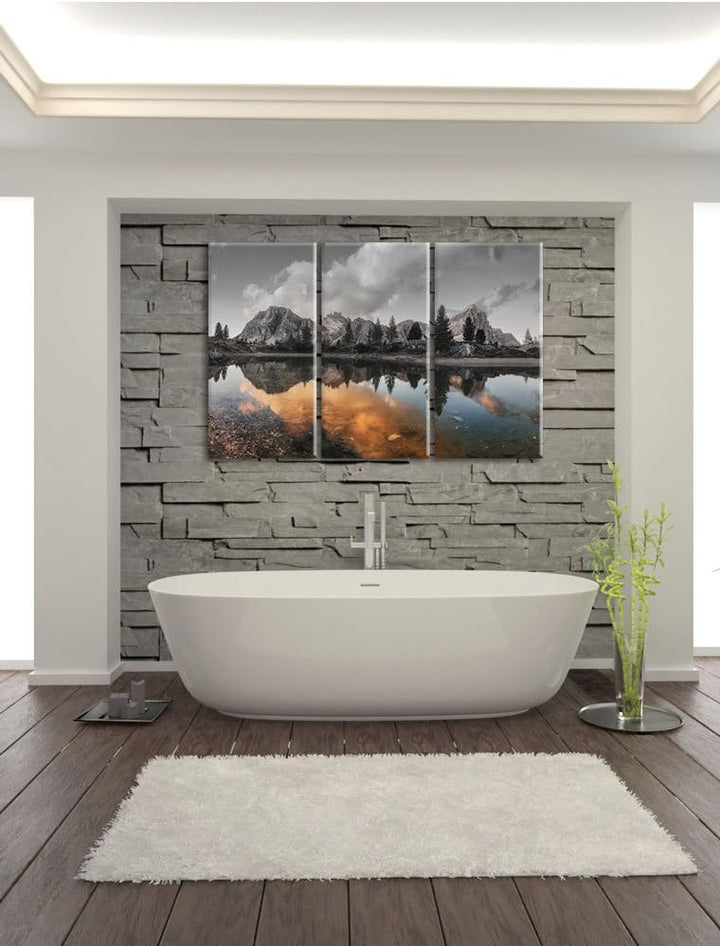 Pixxprint Bunte Dolomiten am See Limides B&W Detail 3-Teiler Leinwandbild 120x80 Bild auf Leinwand