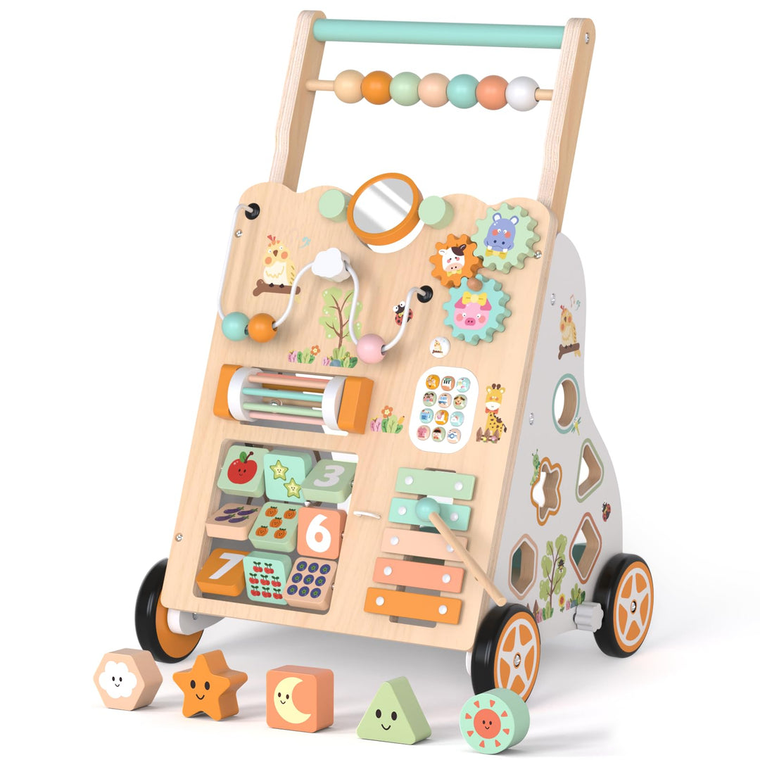 Holz-Lauflerner für Kleinkinder 12+ Monate, Montessori-Schiebewagen mit Aktivitätszentrum, Perlenlab