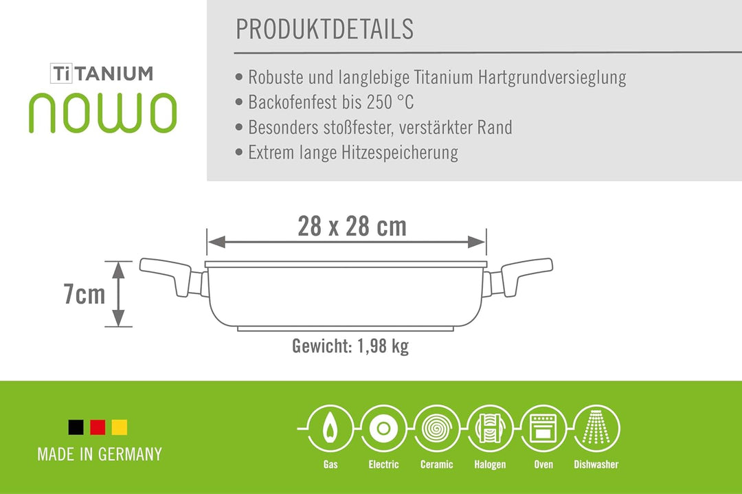 Woll Titanium Nowo, viereckig, mit 2 Sean, Gas, Elektroitengriffen, 28 x 28 cm, 7 cm hoch-Geeignet f