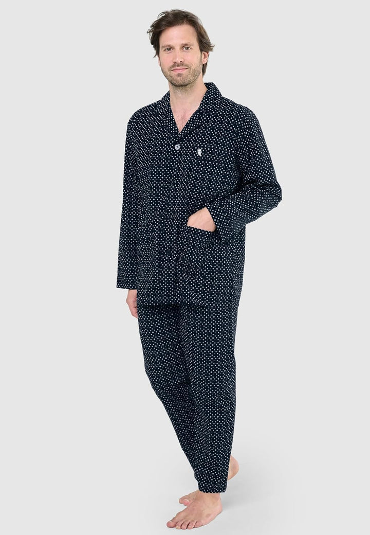 El Búho Nocturno Schlafanzug Herren Lang Baumwolle Pyjama Für Herren Klassisch Revers Knopfjacke Kar