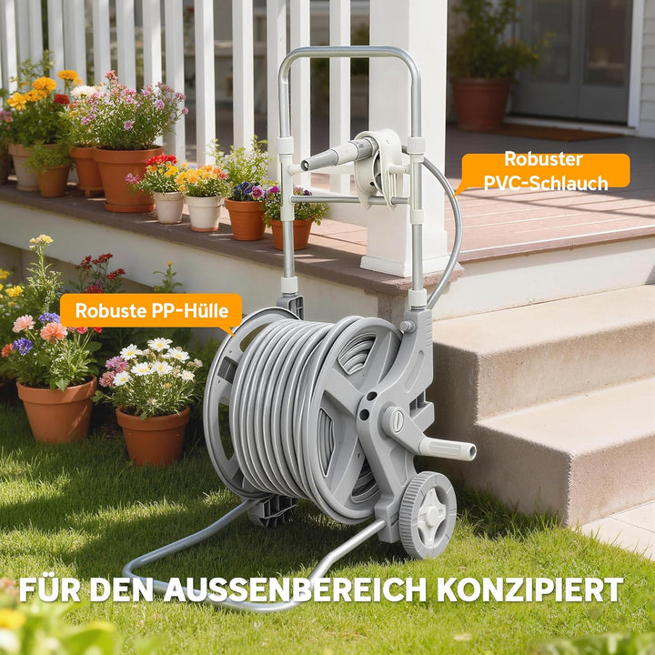 Outsunny Schlauchwagen 45 m Schlauchtrommel mit 2 Sprühfunktionen, Kurbel Schlauchführung Wasserhahn