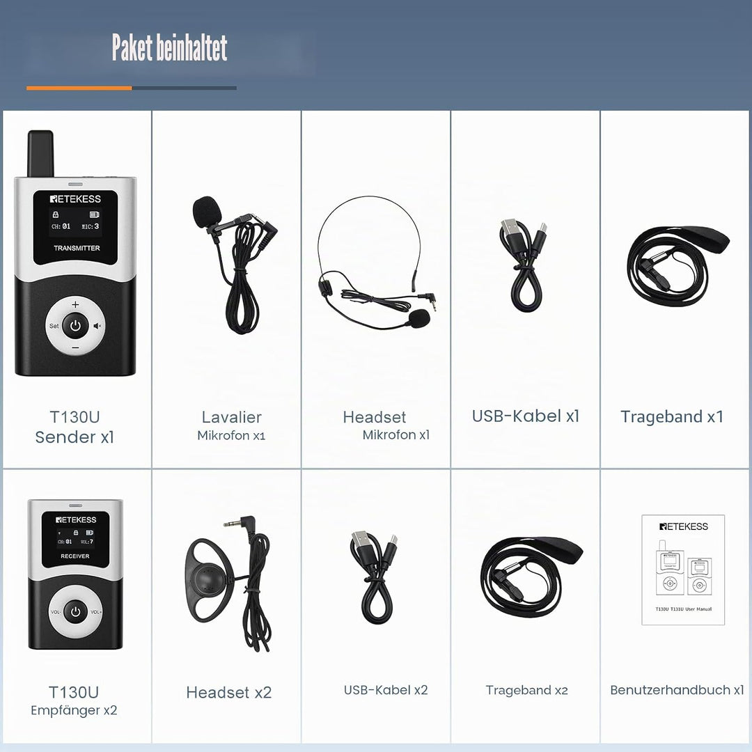 Retekess T130U (T130 4rd) Tour Guide System, Tour Guide-Headsets, Audioguides, Digitale Übertragung