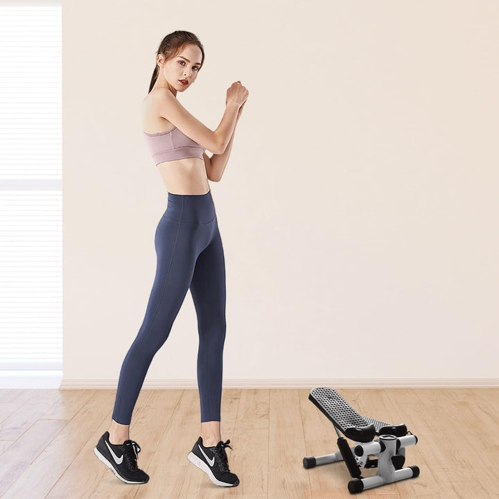 Mini Stepper Fitnessgerät für Zuhause, Hydraulischer Heimtrainer mit Widerstandsbändern & LCD Displa