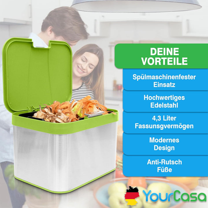 YourCasa® Biomülleimer Küche 4,3 L aus Edelstahl - geruchsdichter Bio Mülleimer mit Deckel & spülmas