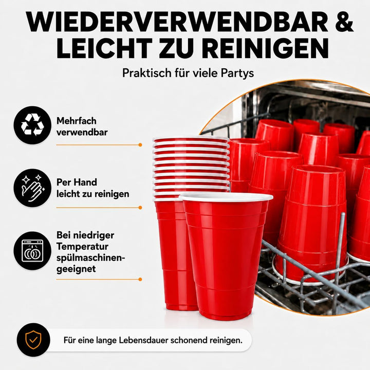 MYBEERPONG® Rotes Bierpong Becher Set | 100 Red Cups + 6 Beer Pong Bälle | 16 oz (~ 0,5 l) | Party B