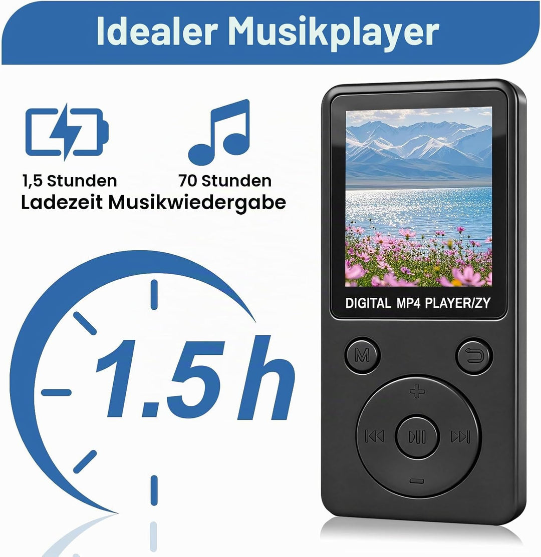 MP3 Player Bluetooth 5.0 32GB mit Lautsprecher, 70 Std Musikplayer Verlustfreier Sound, 1,8 Zoll TFT