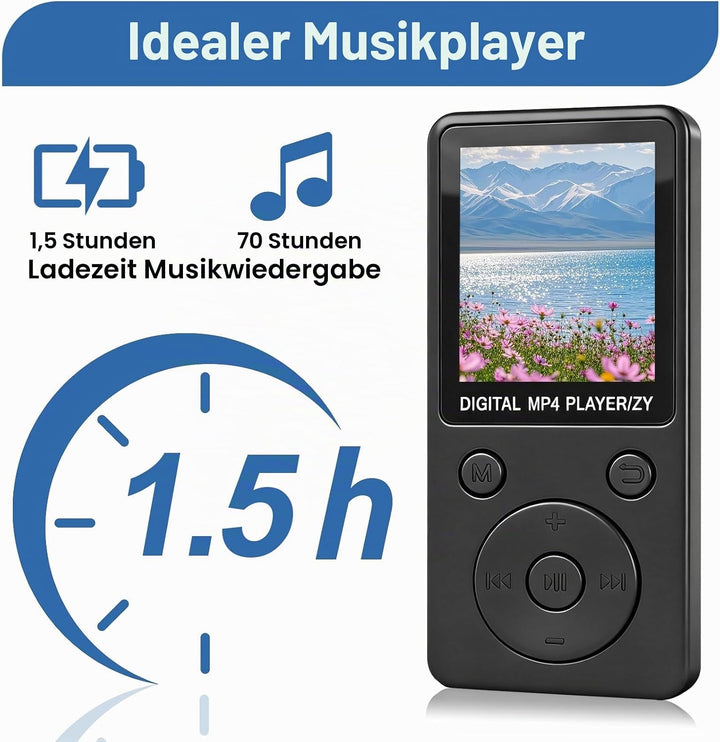 MP3 Player Bluetooth 5.0 32GB mit Lautsprecher, 70 Std Musikplayer Verlustfreier Sound, 1,8 Zoll TFT