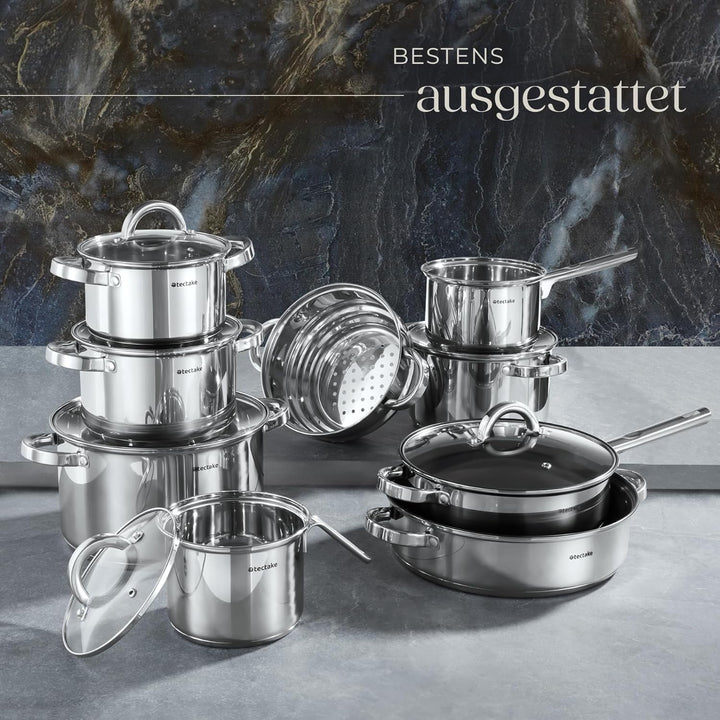 tectake® 15-tlg. Topfset, Edelstahl Kochgeschirr, Bratpfanne und Töpfe Set mit Deckel, Kochtopf Set