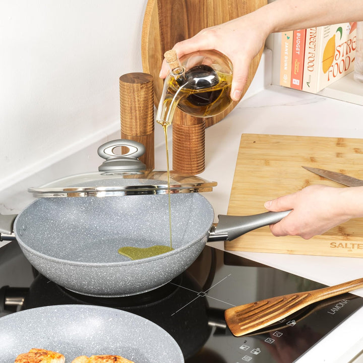 Salter BW02772G Marblestone 28cm Wokpfanne - Antihaftwok mit Deckel, PFOA-frei Wok, Spülmaschinenfes