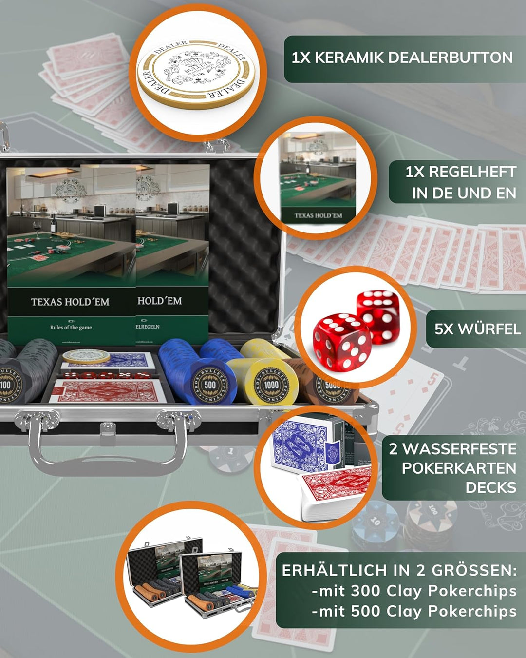 Bullets Playing Cards | Pokerkoffer „Adriana“ mit 300 Clay Pokerchips 14g | Pokerset mit Karten, Wür