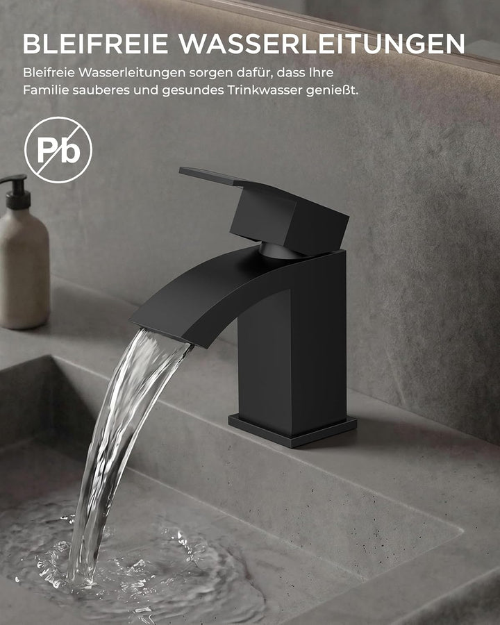FORIOUS Wasserhahn Bad Schwarz mit Ablaufgarnitur, Wasserfall Waschtischarmatur mit Auslauf Höhe 60