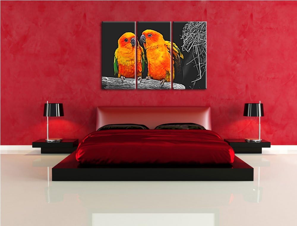 zwei niedliche Sonnensittiche schwarz/weiss Deluxe 3-Teiler Leinwandbild 120x80 Bild auf Leinwand, X