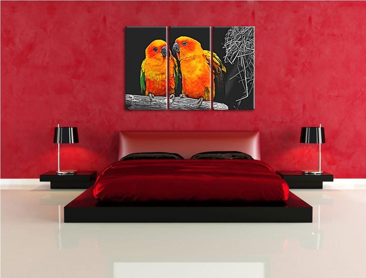 zwei niedliche Sonnensittiche schwarz/weiss Deluxe 3-Teiler Leinwandbild 120x80 Bild auf Leinwand, X