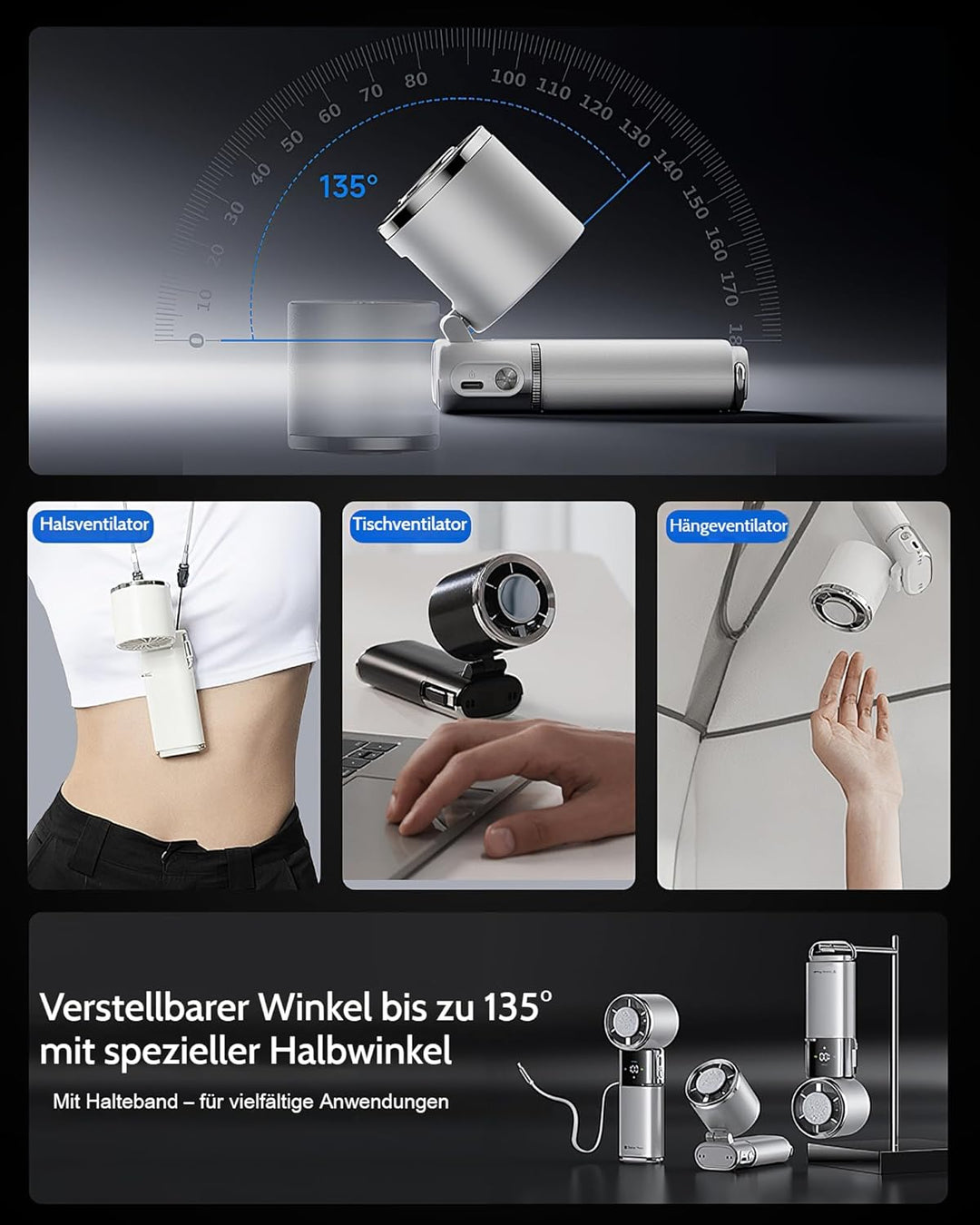 Tragbarer Handventilator mit Turbo-Lüfter und Eiskühlung, 9000mAh handventilator akku aufladbar, 100