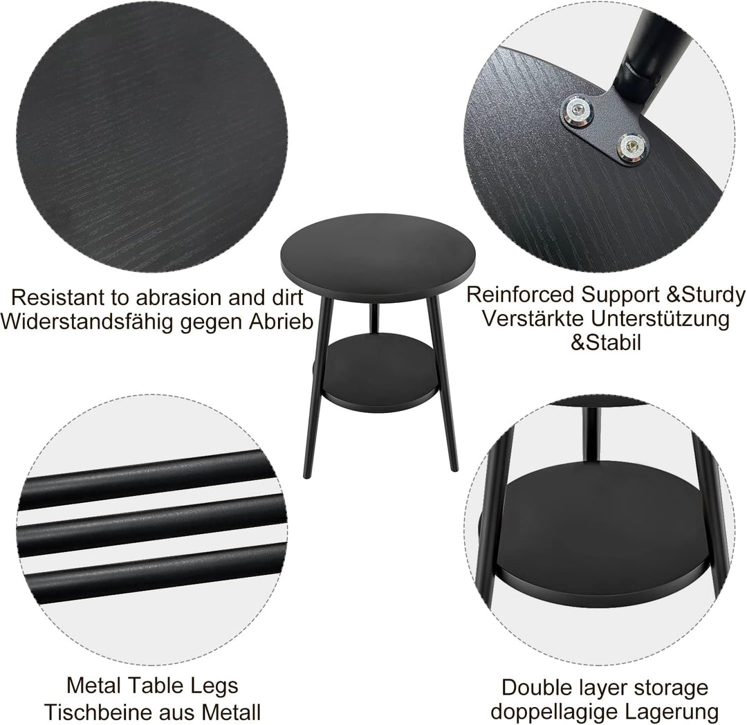 KZOBYD Beistelltisch mit 2 Ablagen rund Couchtisch mit Stauraum, 2-Ebenen Schwarz Sofatisch mit rund
