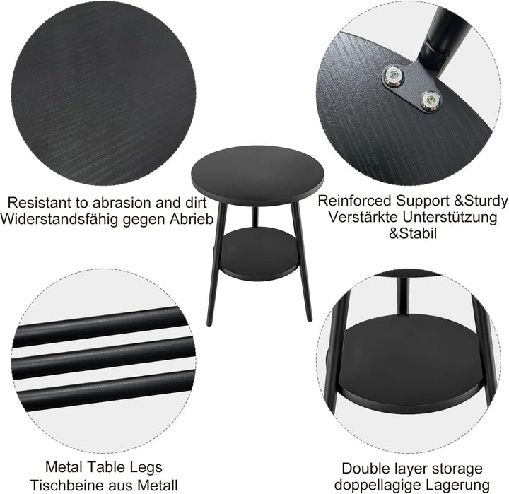 KZOBYD Beistelltisch mit 2 Ablagen rund Couchtisch mit Stauraum, 2-Ebenen Schwarz Sofatisch mit rund