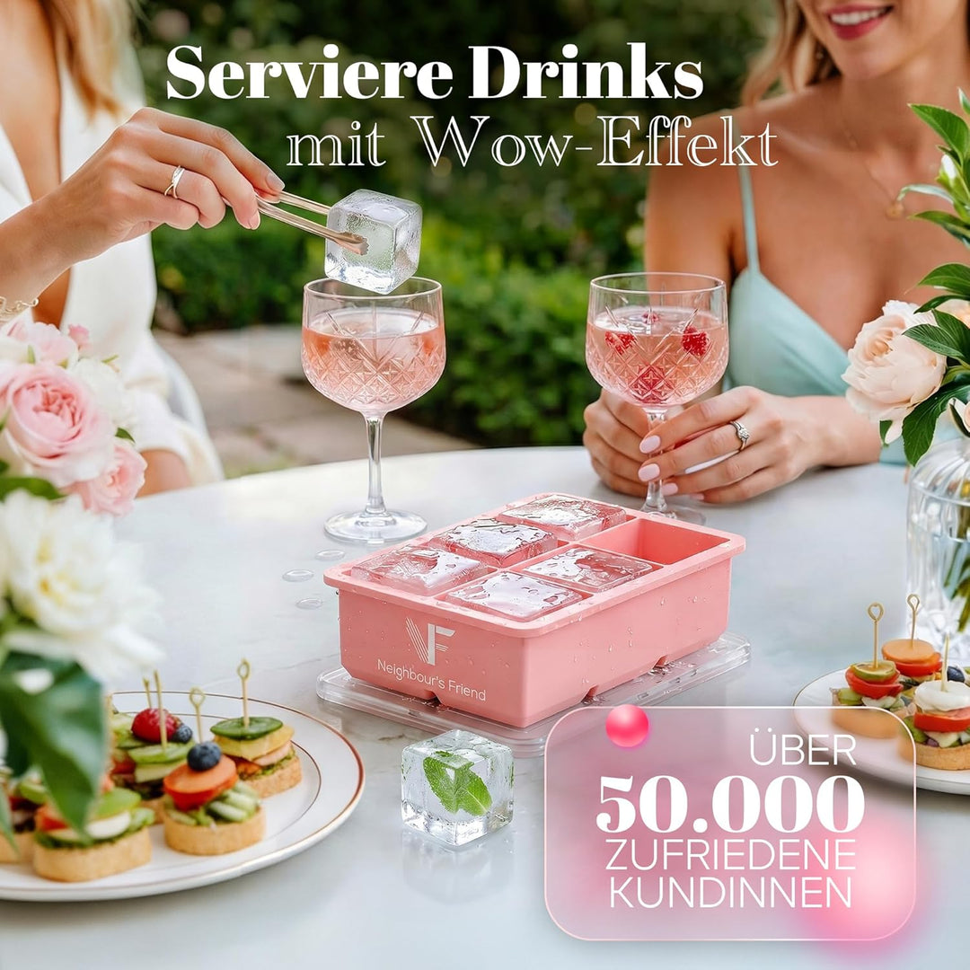 Neighbour’s Friend® Rosa Eiswürfelform XXL – Stylische Eiswürfelform aus Platinsilikon mit Deckel –