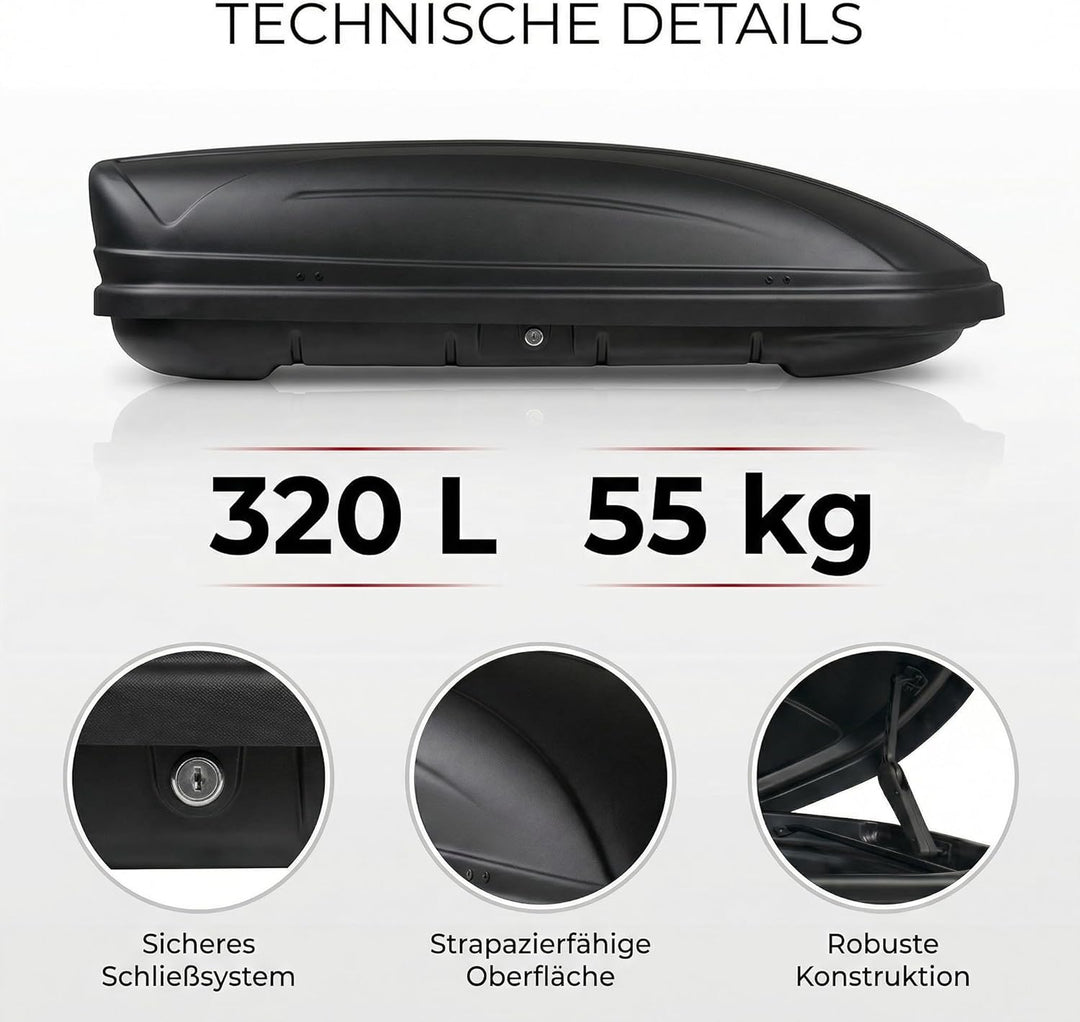 Dachbox VDP-MAA320 schwarz matt Auto-Dachkoffer abschliessbar 320 Liter