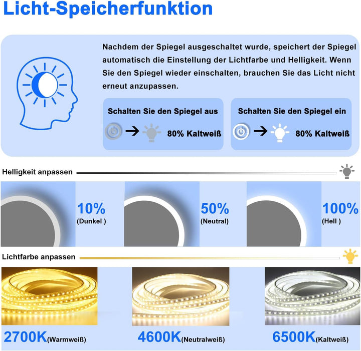 Aica Sanitär Badezimmerspiegel Rund 60cm mit Uhr 3 Lichfarbe dimmbar Memory Wand/Touchschalter Anti-