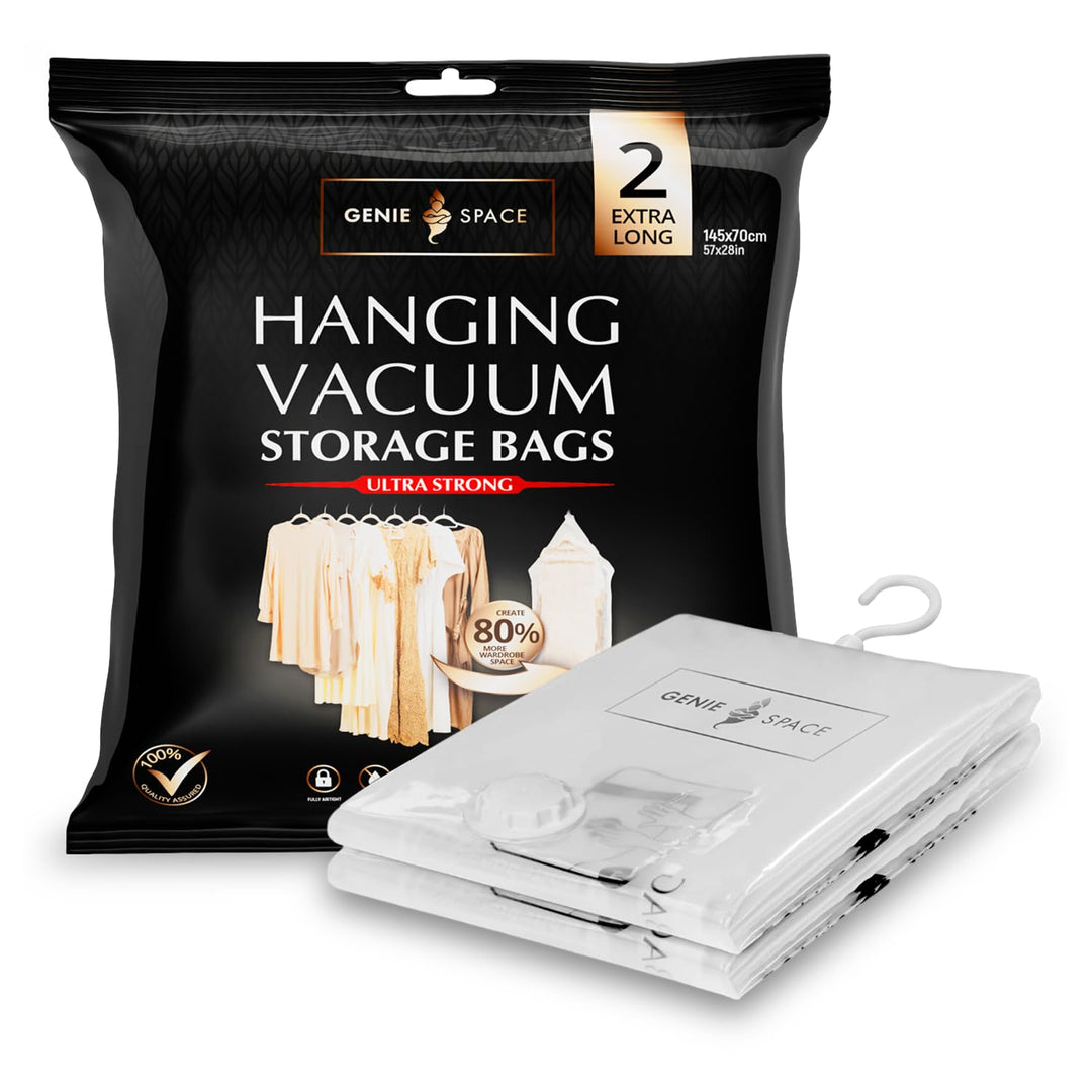 GENIE SPACE Hängende Vakuumbeutel - 2er Pack, Extra lang 145x70cm | platzsparender Garderoben Vakuum