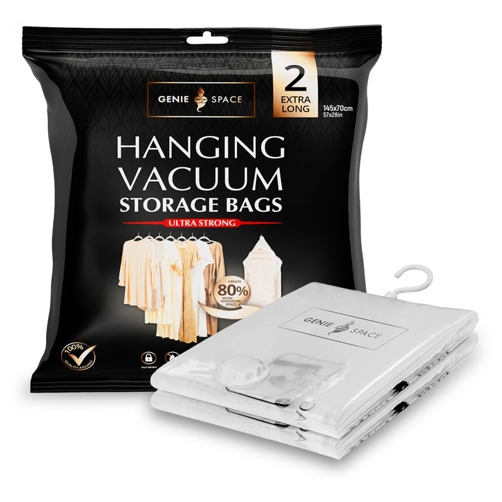 GENIE SPACE Hängende Vakuumbeutel - 2er Pack, Extra lang 145x70cm | platzsparender Garderoben Vakuum