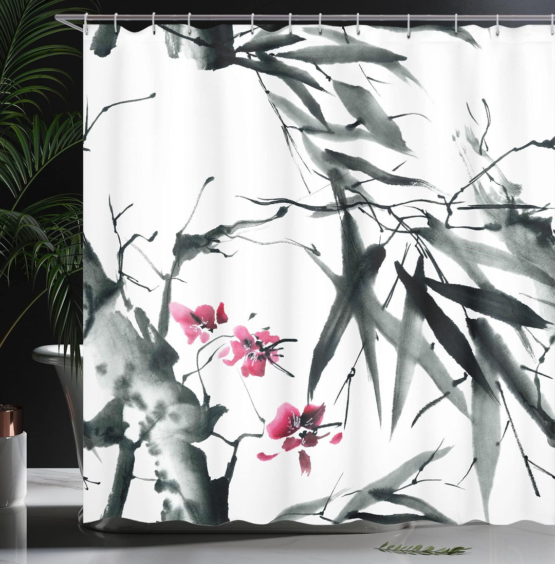 ABAKUHAUS Bambus Duschvorhang, Natural Spring Buds, Stoffliches Gewebe Badezimmerdekorationsset mit