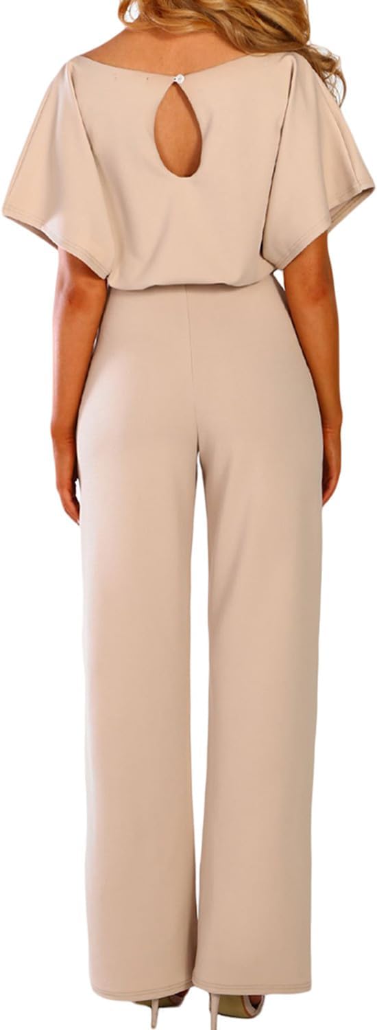 Coloody Damen Lang Jumpsuit Overall Hosenanzug Elegant Romper Kurzarm Rundhals Playsuit mit Gürtel H