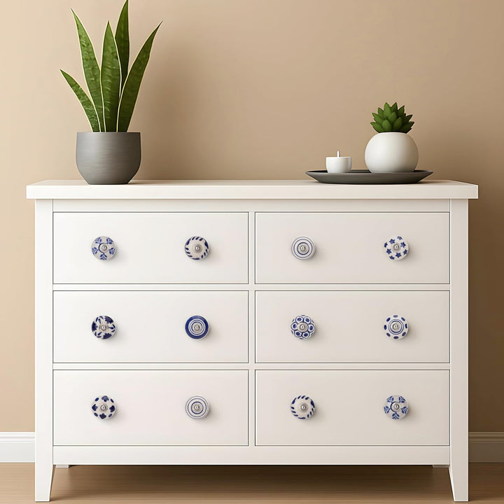 Ajuny Set of 10 Blue and White Ceramic Knobs Hand Painted Floral Design for Kitchen Cabinets Bathroo
