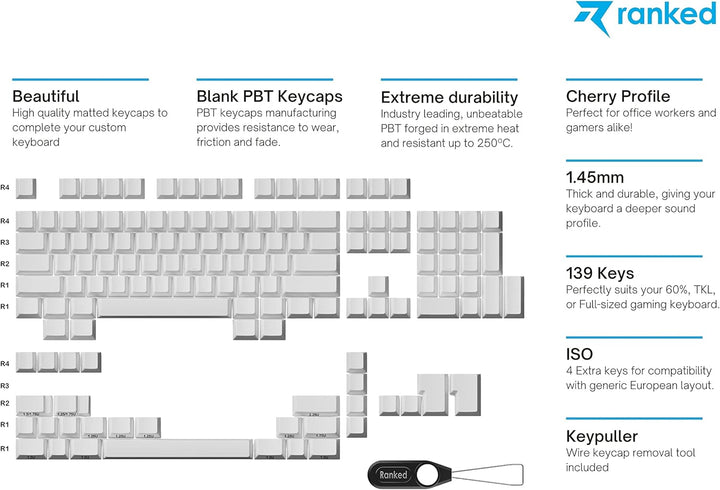 Ranked Leeres Premium-Tastenkappen-Set | 1,4 mm Dickes PBT | Cherry-Profil für Mechanische Tastatur