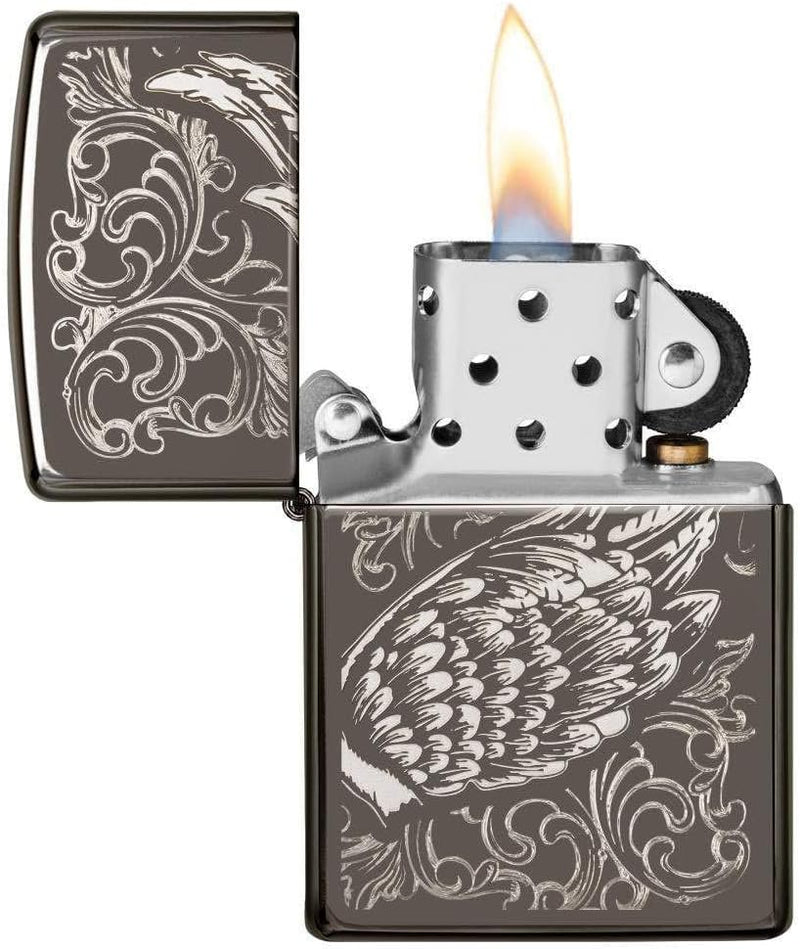 Zippo - Filigree Flame and Wings, Black Ice - Sturmfeuerzeug, befüllbar, in hochwertiger Geschenkbox