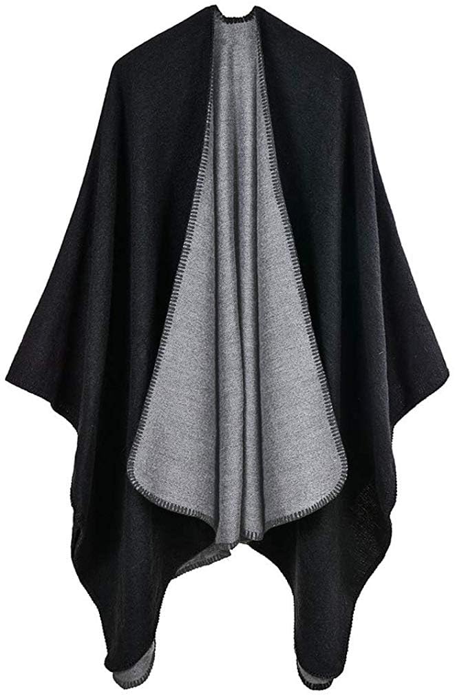 Shmily Girl - Damen Poncho Habe Gestrickt Überdimensionalen Decke Kap-Schal Schwarz & Grau, Schwarz