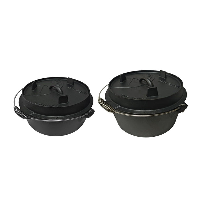 GEDA Grill Dutch Oven Set 5,6L + 9L – Gusseisentopf Set ohne Füsse, Feuertopf/Schmortopf aus Gusseis